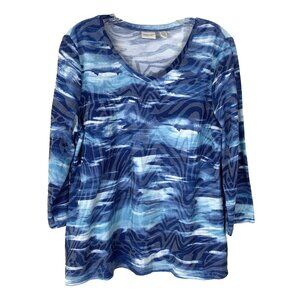 Chicos Zenergy Womens 2 Large Waffle Knit Top Tunic 3/4 Sleeve Blue Lightweight